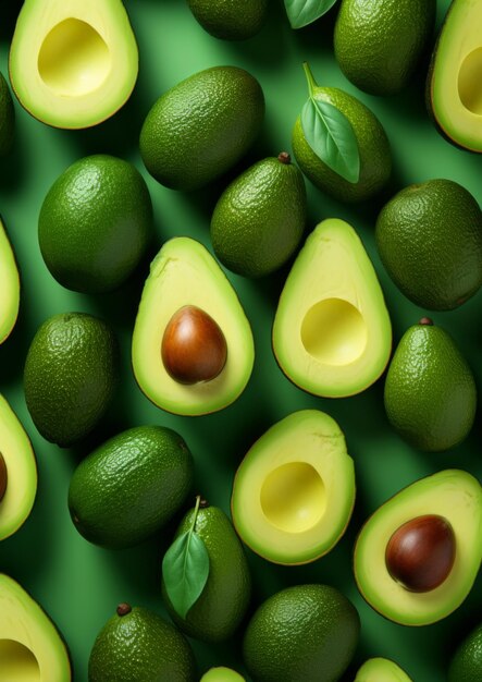 Foto muchos aguacates frescos maduros en fondo pastel vista superior concepto de alimentos generativo ai