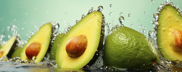 Foto muchos aguacates frescos maduros con gotas de agua detalladas en el fondo colorido de la bandera de alimentos generative ai