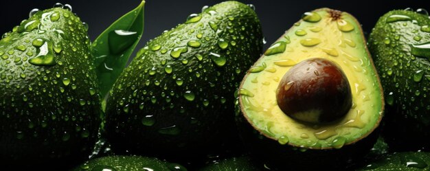 Foto muchos aguacates frescos maduros con gotas de agua detalladas en fondo oscuro pancarta de alimentos generative ai