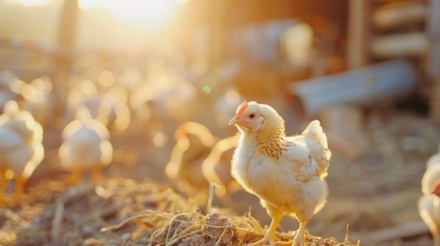 Muchos animales de pollo en una gran granja al aire libre en una escena de día soleado