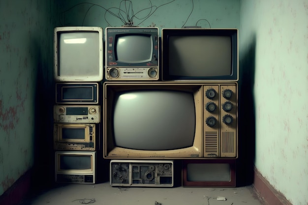 Muchos apagaron viejos televisores analógicos apilados a lo largo de la pared Arte generado por redes neuronales