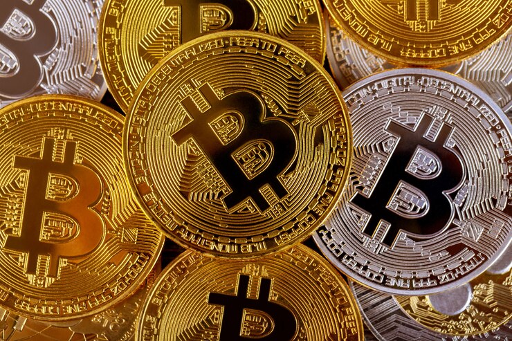 Foto muchos bitcoins dorados. criptomoneda y concepto de dinero virtual.