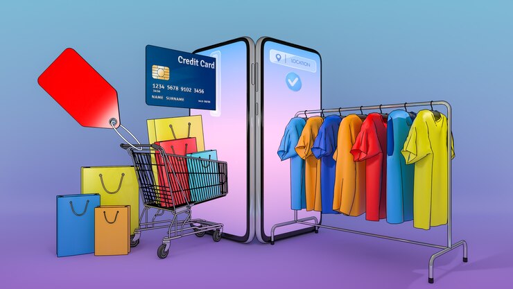 Muchos bolsos de compras y etiquetas de precios en un carrito de compras y ropa en una percha aparecieron desde la pantalla de los teléfonos inteligentes