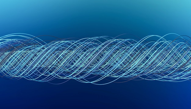 Muchos cables trenzados de tonos azules sobre un fondo azul, ilustración 3d