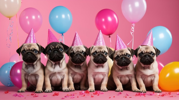 Muchos cachorros de pug en un sombrero de cumpleaños sobre un fondo rosa