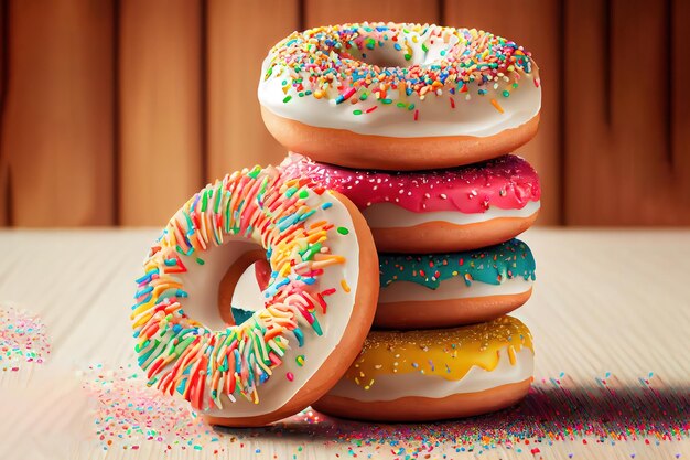 Muchos coloridos donuts de pastel helado con caramelo Ai generativo