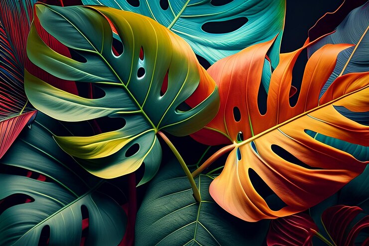 Muchos coloridos hojas de monstera tropical fondo Ai generativo