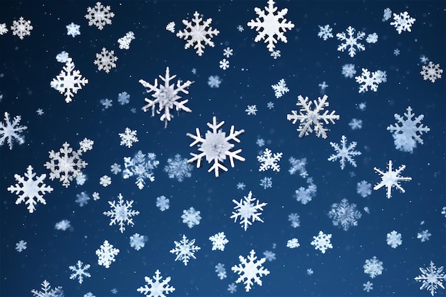 Muchos copos de nieve blancos cayendo sobre un fondo azul oscuro