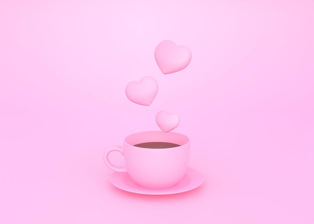 Muchos corazones dulces flotando en la taza de café rosa con fondo rosa pastel 3D Render ilustración