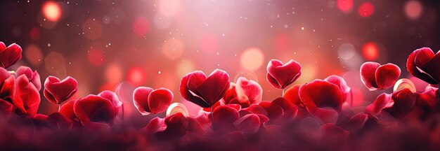 Foto muchos corazones están volando entre las rosas rojas en el estilo de bokeh panorama