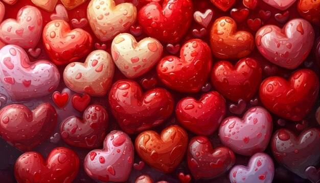 Muchos corazones de San Valentín con grandes gotas de agua