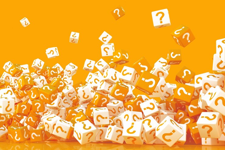 Foto muchos cubos desmoronados con signos de interrogación en los lados ilustración 3d