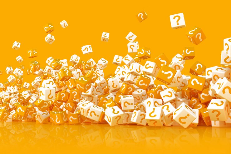 Foto muchos cubos dispersos con signos de interrogación 3d ilustración