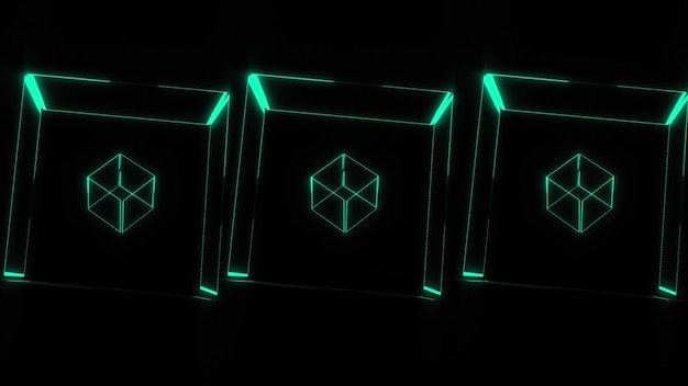 Muchos cubos de neón transparentes que giran en el espacio 3d generan generación de computadora de fondo