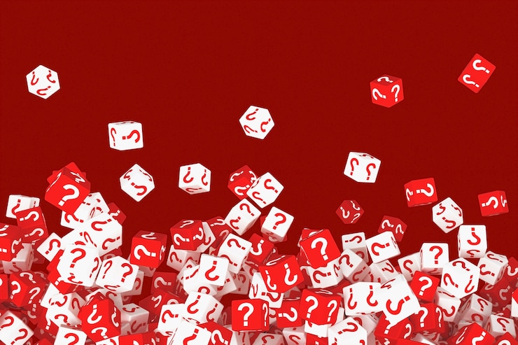 Foto muchos cubos que caen con signos de interrogación. ilustración 3d