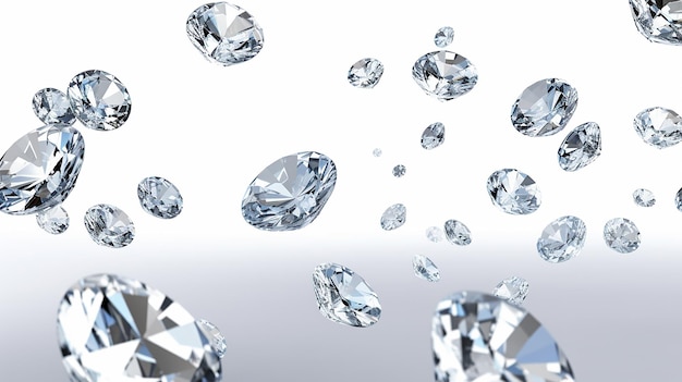 Foto muchos diamantes brillantes cayendo sobre fondo transparente