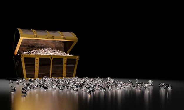 Muchos diamantes en el cofre del tesoro vintage dorado y cayendo al suelo uso para el concepto de caja de almacenamiento de gemas tesoro en fondo negro y reflejo en el piso 3D Render