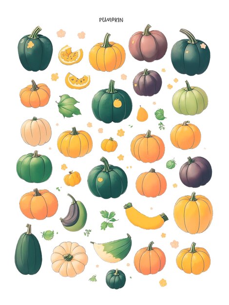 Muchos dibujos planos de diferentes calabazas y calabazas en una luz