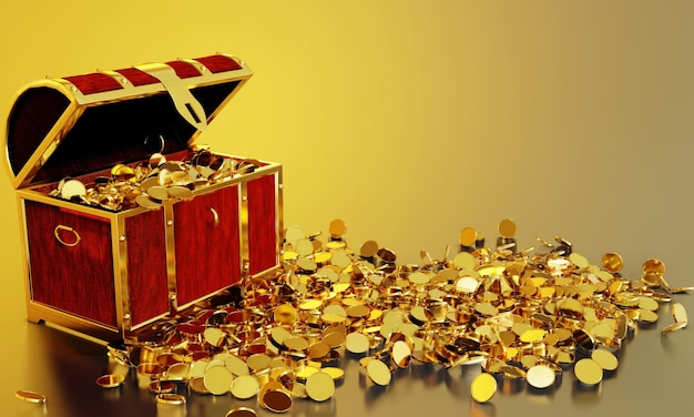 Muchos distribuyen monedas de oro que volaron del cofre del tesoro Un cofre del tesoro hecho de oro lujoso