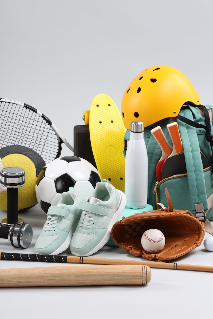 Foto muchos equipos deportivos diferentes en un fondo gris claro