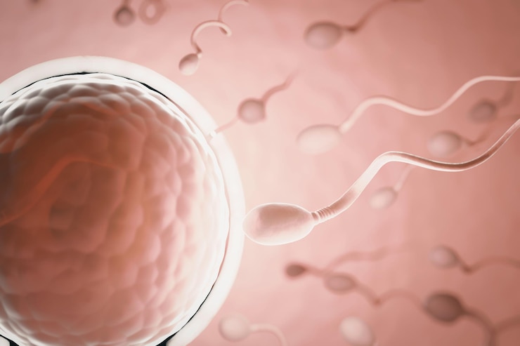 Foto muchos espermatozoides nadando hacia el óvulo en un fondo azul tema de color rosa representación de ilustración 3d