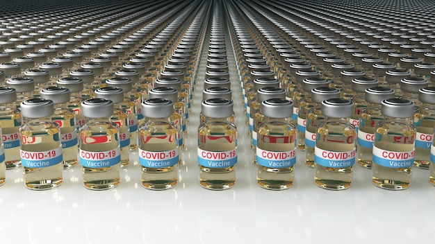 Muchos frascos de vacuna Covid-19 se alinean en la fila. Detalle de primer plano en botellas 3D Render