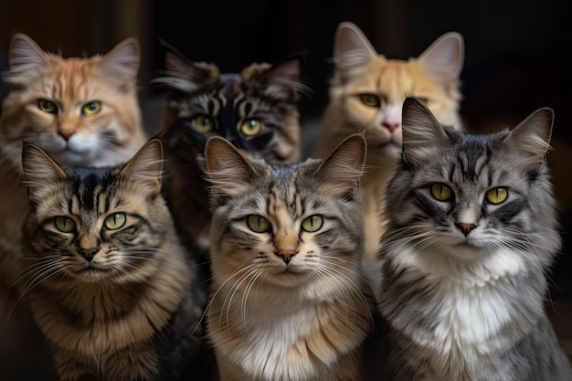 Muchos gatos de varias razas y colores mirando expectantes a la cámara creada con IA generativa