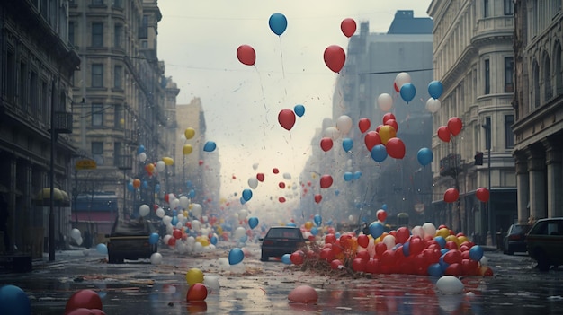 Muchos globos de colores esparcidos por el cielo