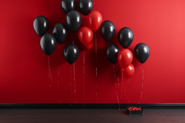 Muchos globos negros y rojos cerca de la pared roja diseño de banner de viernes negro