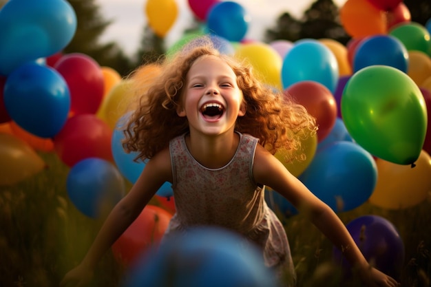 Foto muchos globos y un niño sonriente