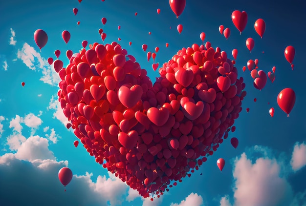 Muchos globos rojos en forma de corazón partículas volando en el aire con fondo de cielo azul Concepto de día de San Valentín IA generativa