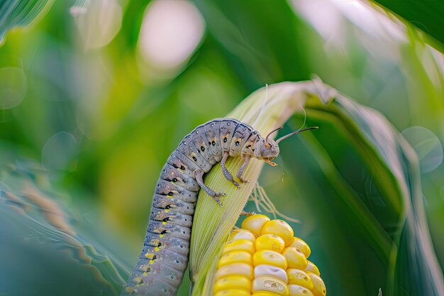 Muchos gusanos comen maíz en el campo de maíz Las orugas hambrientas comen maíz