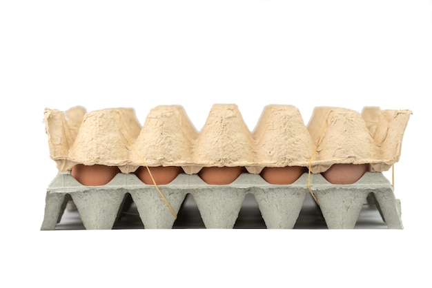 Foto muchos huevos en las cajas de cartón de almacenamiento de huevos reutilizables