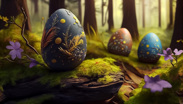 Muchos huevos de Pascua en el bosque realistas.