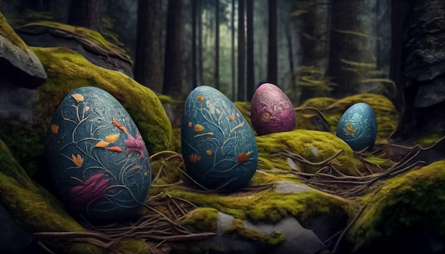 Muchos huevos de Pascua en el bosque realistas.