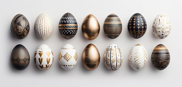 muchos huevos de pascua colocados sobre una superficie blanca al estilo de gris y oro