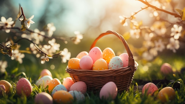 muchos huevos de Pascua coloridos en una canasta en el prado