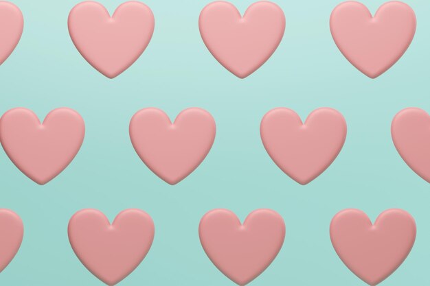 muchos iconos de corazón amor o como papel tapiz fondo verde 3d render