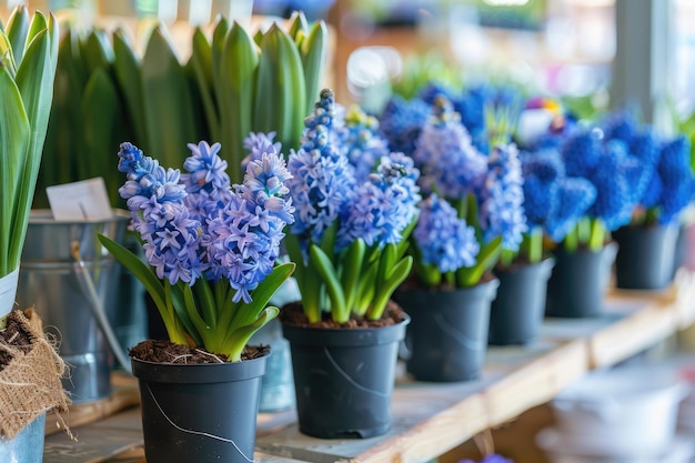 Muchos jacintos de flores violetas azules en macetas se exhiben en el estante de una tienda de flores