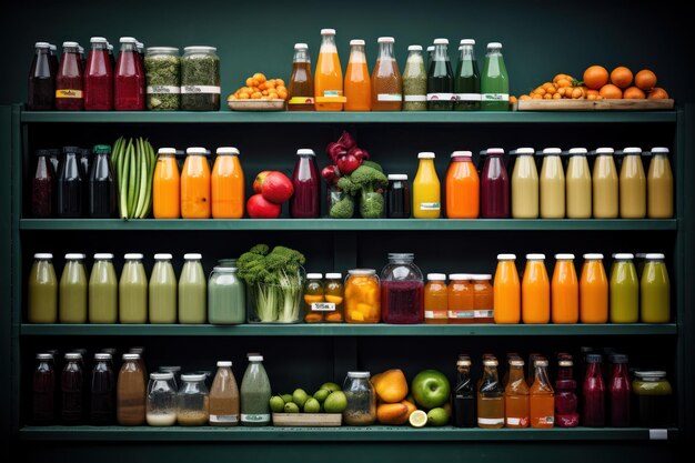 Foto muchos jugos en barras de frutas en una tienda de comestibles