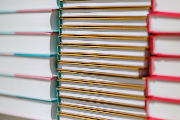 Muchos libros idénticos se apilan uno encima del otro en la ventana de la librería.