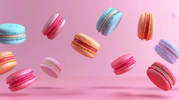muchos macarrones coloridos galletas cayendo fondo rosa