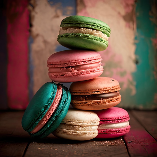 Muchos macarrones coloridos sobre fondo de color Dulces para cualquier celebración IA generativa