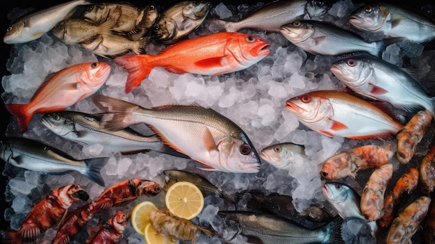 Muchos mariscos recién capturados en hielo en el mercado de alimentos