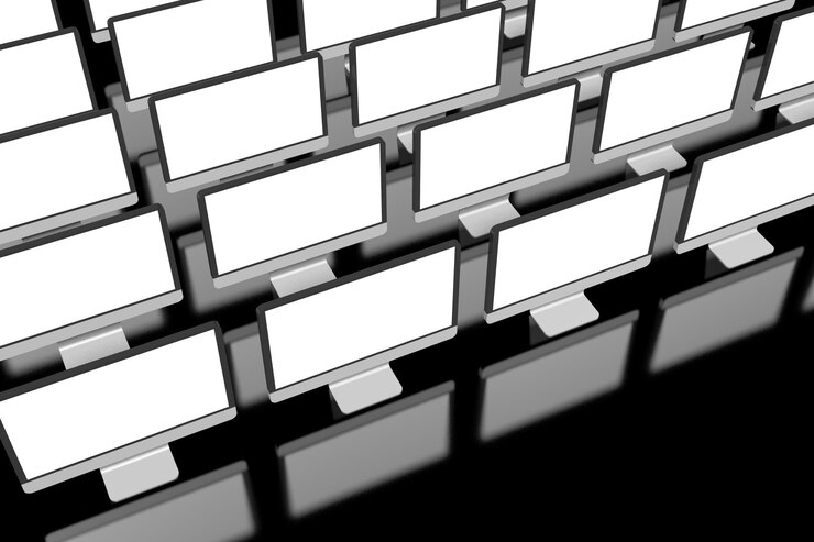Foto muchos monitores de computadora en la ilustración 3d de fondo negro