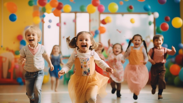 Muchos niños corriendo en una habitación con globos