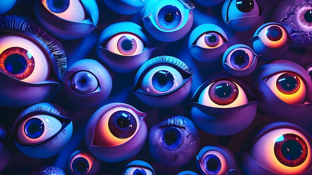 Muchos ojos de diferentes formas de fondo de neón