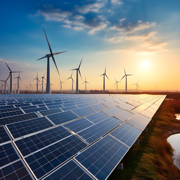 Foto muchos paneles solares frente a una fábrica industrial ia generativa