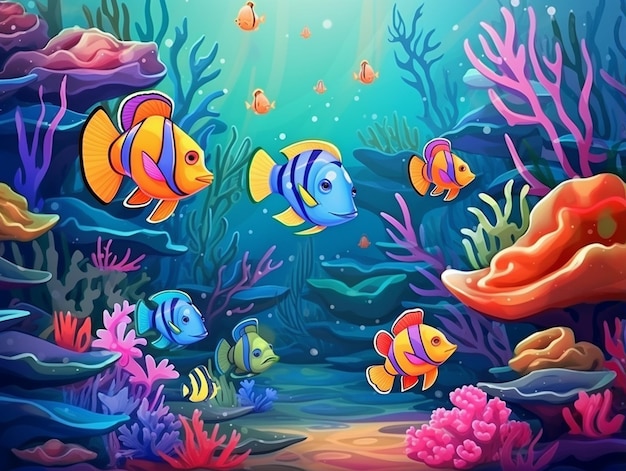 Foto muchos peces exóticos personaje de dibujos animados en la escena submarina con corales