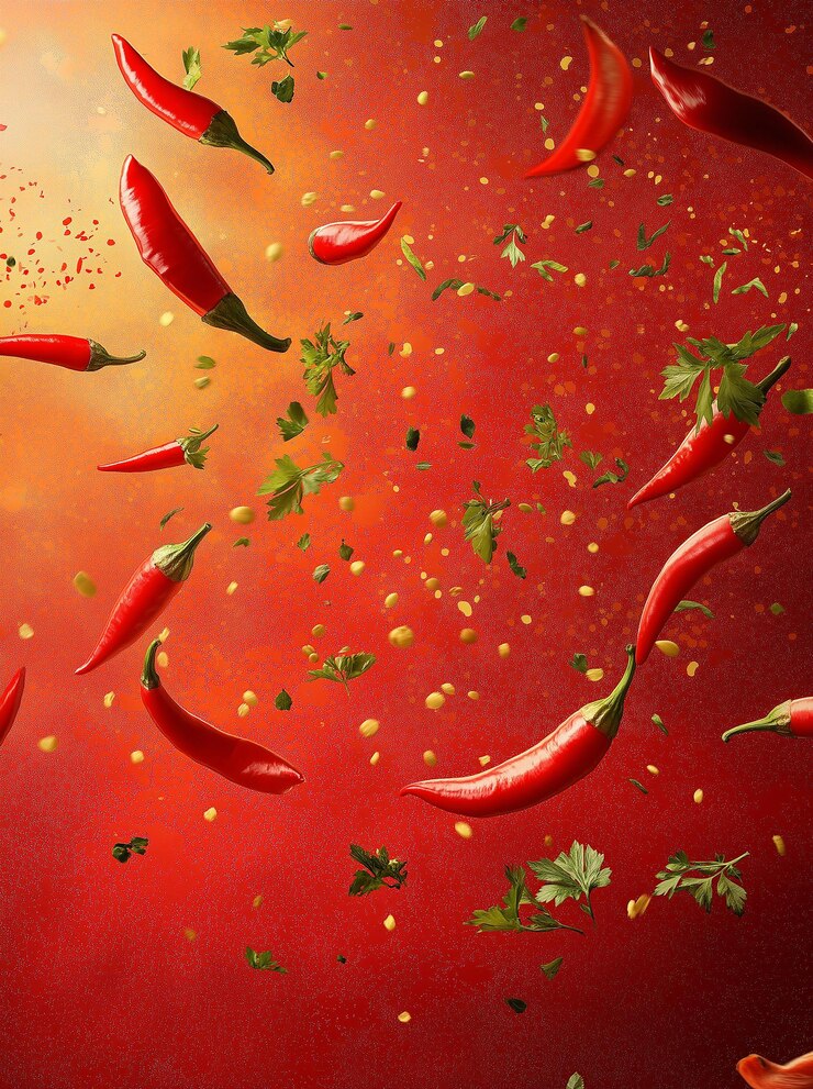 Muchos pimientos rojos y perejil están volando alrededor en un fondo de gradiente rojo
